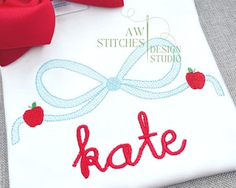 Apple Bow Embroidery Design, Vintage Sketch Stitch (Digital Download)