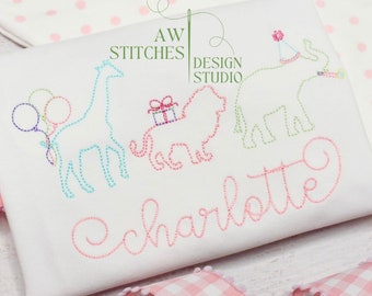 Zoo Animal Birthday Embroidery Design, Vintage Stitch (Digital Download)