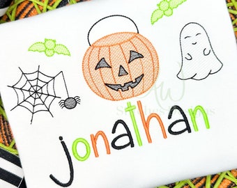 Archivo de diseño de bordado a máquina con boceto de trío de arañas, murciélagos, fantasmas y linternas de Jack O'Lantern con cubo de dulces de Halloween