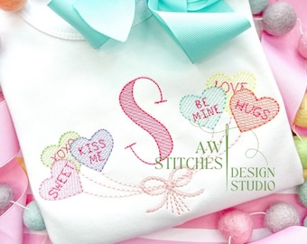 Valentine's Day conversation candy hearts balloons sketch stitch quick stitch bean stitch vintage love machine embroidery design file