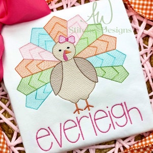 Turkey Thanksgiving Girl with Bow Gobble sketch stitch vintage bean stitch machine embroidery design file