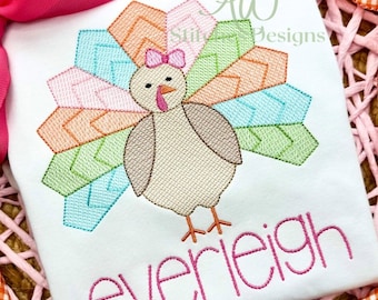 Turkey Thanksgiving Girl with Bow Gobble sketch stitch vintage bean stitch machine embroidery design file