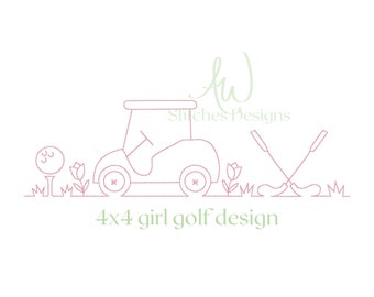 Girl's Golf Cart Embroidery Design, Vintage Stitch (4x4)