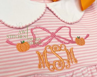 Pumpkin bow Autumn Fall vintage style machine embroidery design