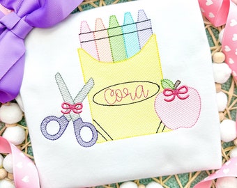 Crayon box back to school apple first day with bow sketch stitch machine embroidery design file