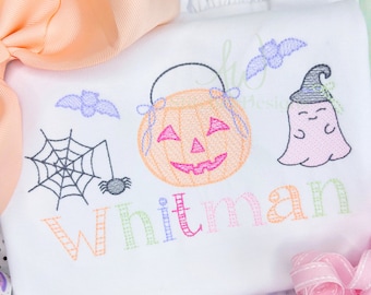 Archivo de diseño de bordado a máquina con boceto de calabaza de Halloween, murciélago fantasma, araña, trío con lazo