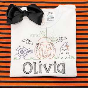 Halloween trio girl Pumpkin Jack o Lantern ghost spider bat with bow bean stitch vintage stitch quick stitch machine embroidery design file