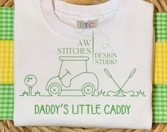 Golf trio, golf cart with golf clubs and golf ball bean stitch, vintage stitch, quick stitch machine embroidery design file