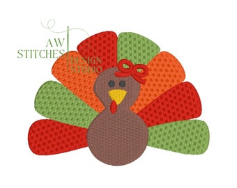 Turkey with Bow Girl Turkey Thanksgiving Fall Mini Fill Stitch Machine Embroidery Design