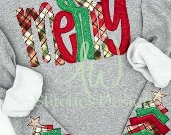 Christmas Tree with Star Bean Stitch Appliqué Sweatshirt Design for Machine Embroidery design file