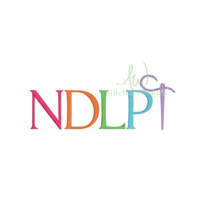 May include: Colorful embroidered design featuring the letters N, D, L, P, and T in various bright colors. The design includes a needle and thread, with the text "Stitches Designs" in the upper right corner.