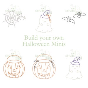 Halloween jack o lantern pumpkin ghost spider bats build your own MINI bean stitch vintage stitch embroidery for Halloween design file