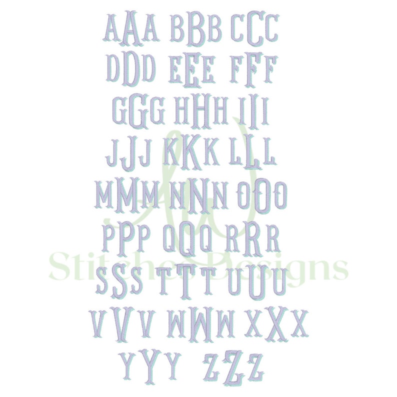 Peut inclure: Un alphabet graphique avec chaque lettre r&eacute;p&eacute;t&eacute;e trois fois en couleur violet clair avec un contour bleu clair. Les lettres sont en police serif et sont dispos&eacute;es en rang&eacute;es.