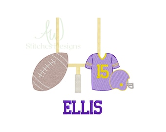 May include: Purple and gold football jersey with the number 15, a brown football, a gold helmet, and a gold goal post with the name "ELLIS" underneath.