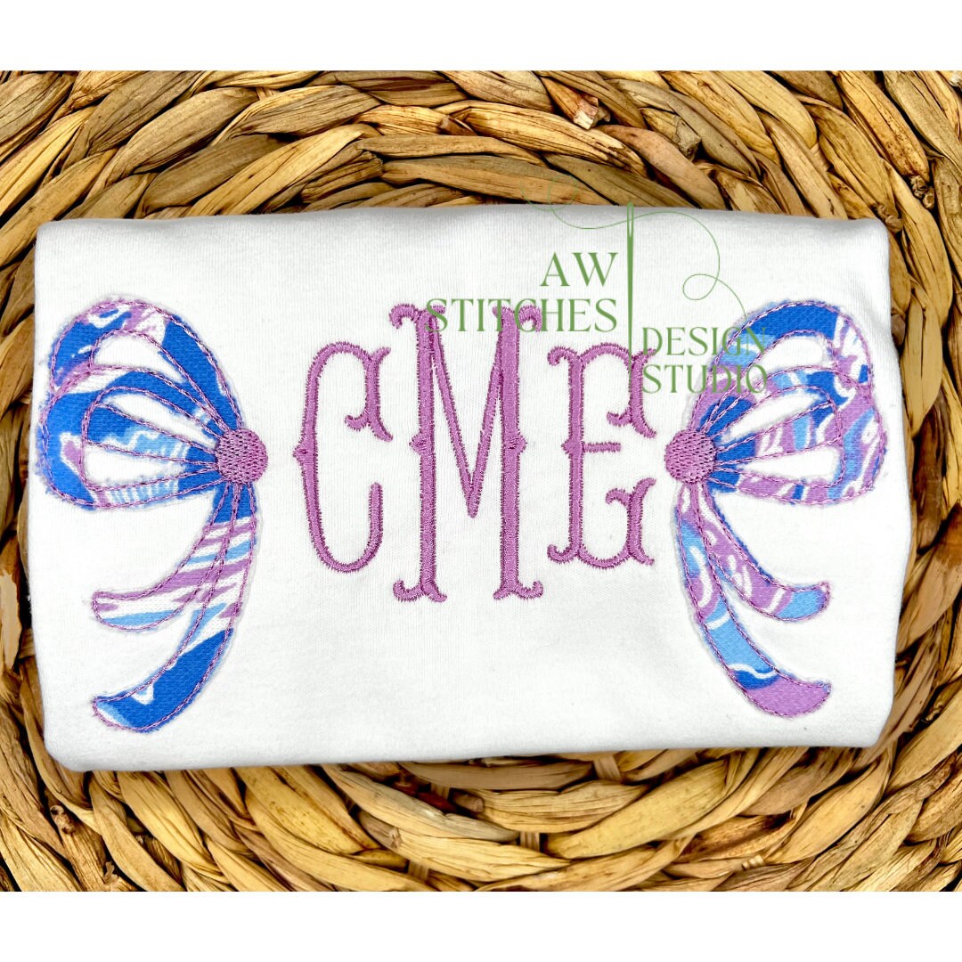 Side Monogram Heirloom Bow Bean Stitch Applique Machine Embroidery ...