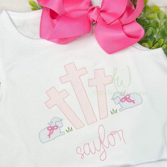 Easter Lamb Cross Embroidery Design - Easter Lamb with bow sketch stitch machine embroidery design