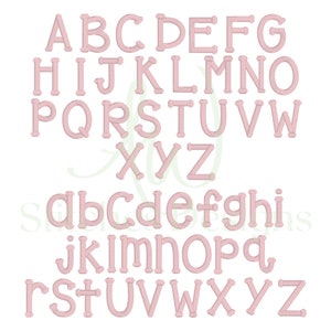May include: A pink alphabet font with uppercase and lowercase letters. The letters are outlined in a darker pink and have a slightly 3D effect.