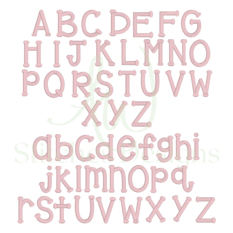May include: A pink alphabet font with uppercase and lowercase letters. The letters are outlined in a darker pink and have a slightly 3D effect.