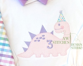 Dinosaurio dino cumpleañera apliques diseño de bordado de puntada vintage