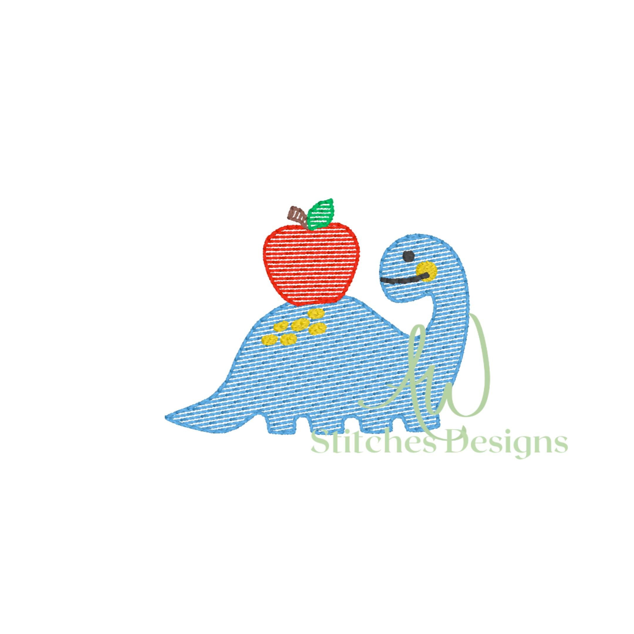 Mini Back to School Dinosaur With Apple Sketch Light Fill Stitch ...