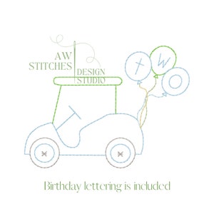 ゴルフの誕生日 2 つの誕生日ゴルフカートと誕生日の風船 ボール ビーン ステッチ ビンテージ ステッチ 機械刺繍 デザイン ファイル