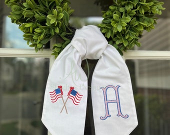 Patriotic American Flags with Bow Satin Stitch Embroidery Design