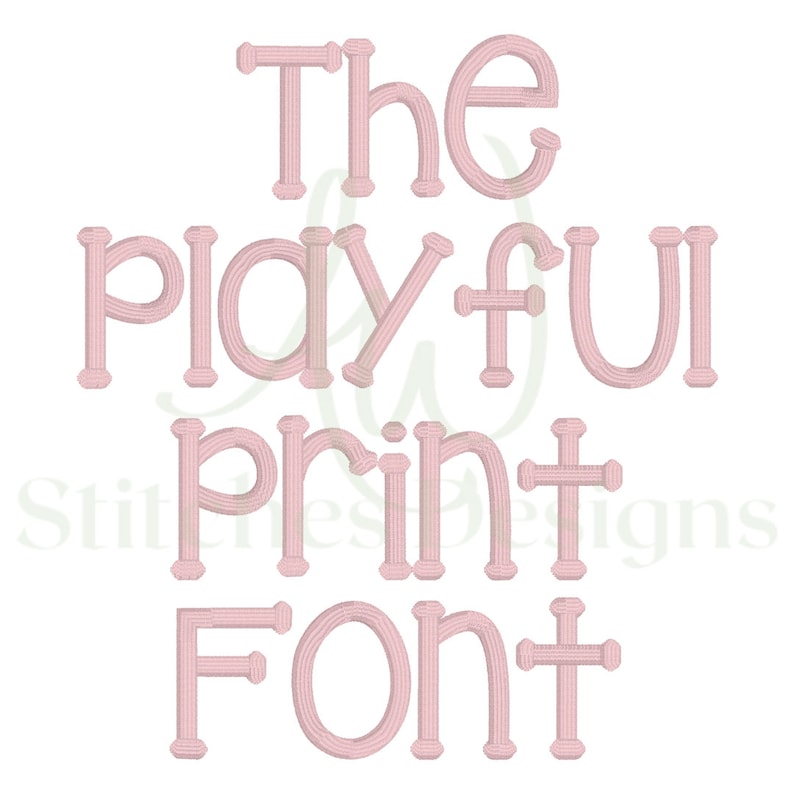 May include: The Playful Print Font is a pink, playful font with rounded edges. The font is displayed in all capital letters.