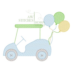 Golf Geburtstags-Golfwagen mit Geburtstagsballons Golfball Skizzenstich Leichte Füllstich Stickmusterdatei