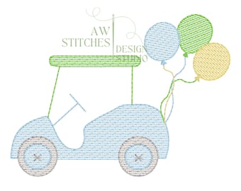 Golf birthday golf cart with birthday balloons golf ball sketch stitch light fill stitch machine embroidery design file