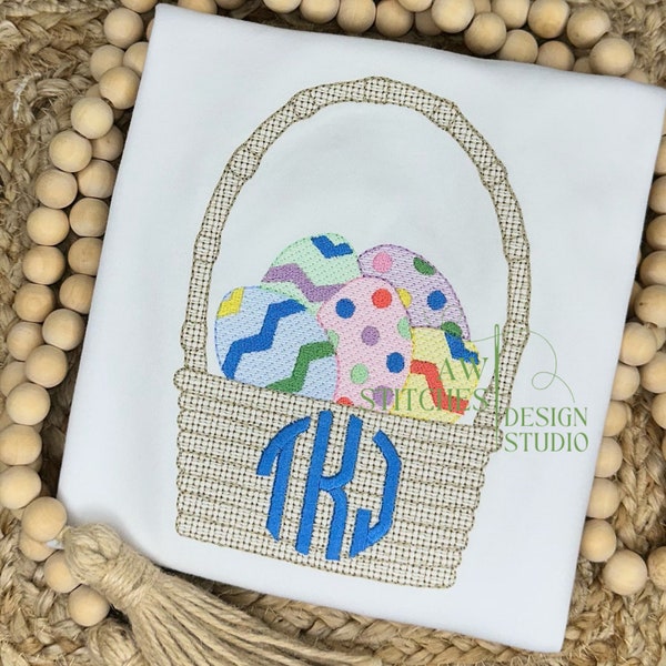 Easter basket with Easter eggs motif fill, bean stitch, vintage stitch machine embroidery design file