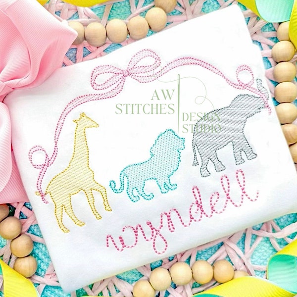 Zoo Animals, Wild Animals, Zoo, Safari, Lion Giraffe Elephant Jungle Animal with bow, SKETCH Vintage Stitch, Machine Embroidery Design