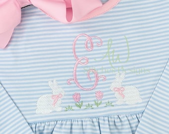 Easter bunny with bow monogram frame stitch satin fill stitch machine embroidery design file