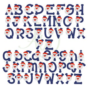 May include: A set of uppercase and lowercase letters in a navy blue font with a Santa Claus face in the center of each letter. The Santa Claus faces have a red hat, white beard, and black eyes.
