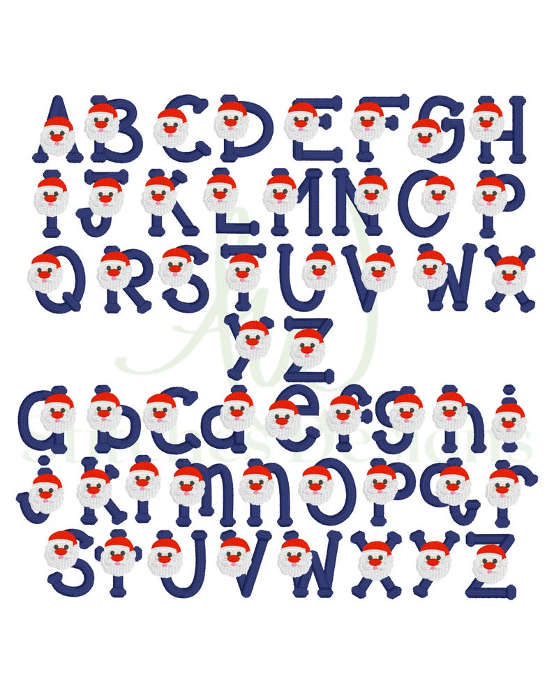 May include: A set of uppercase and lowercase letters in a navy blue font with a Santa Claus face in the center of each letter. The Santa Claus faces have a red hat, white beard, and black eyes.