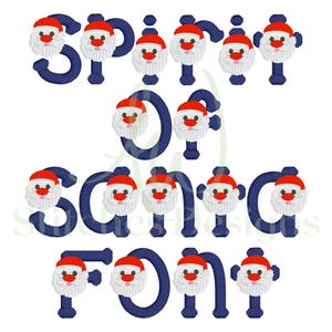 May include: A blue and white font with Santa Claus faces for each letter. The font spells out "Spirit of Santa Font".