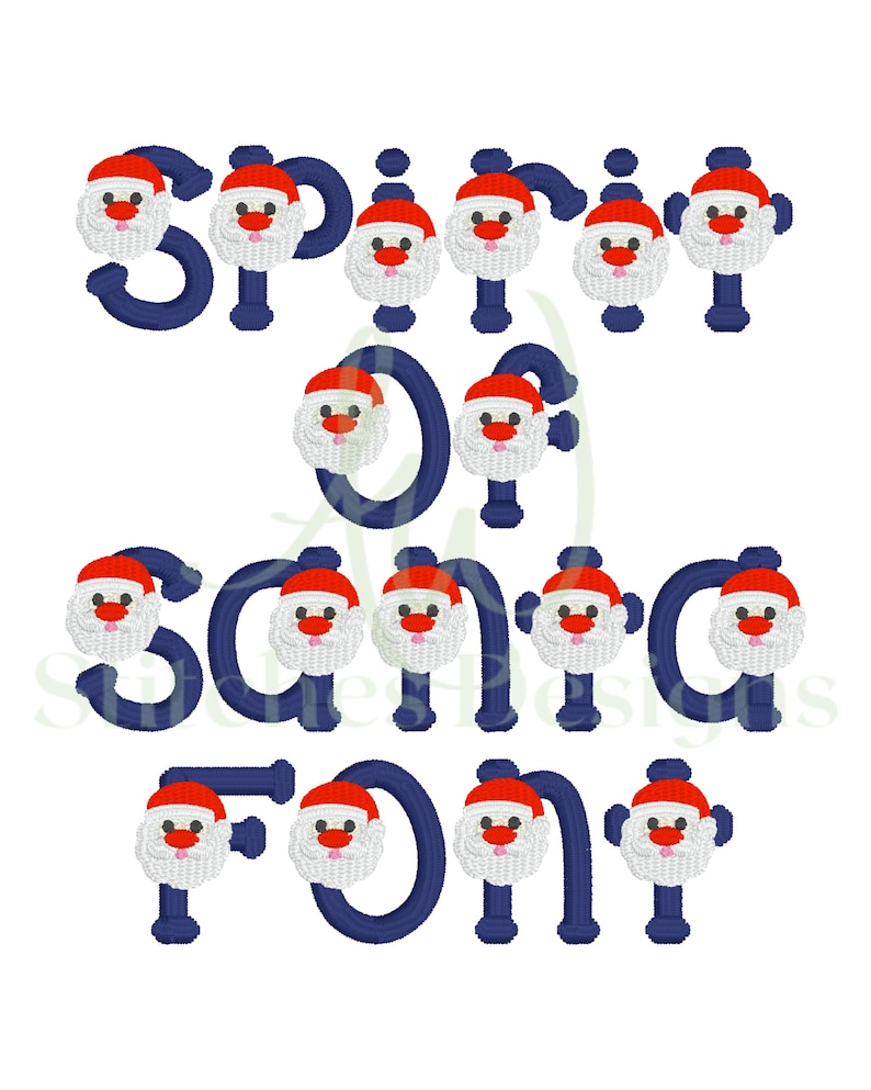 May include: A blue and white font with Santa Claus faces for each letter. The font spells out "Spirit of Santa Font".
