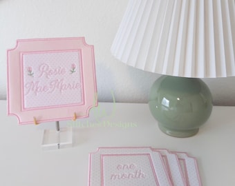 In the Hoop Milestone Card Satin Stitch Machine Embroidery Design, ITH Double Square Plaque Embroidery, Grandmillennial Baby Milestone File