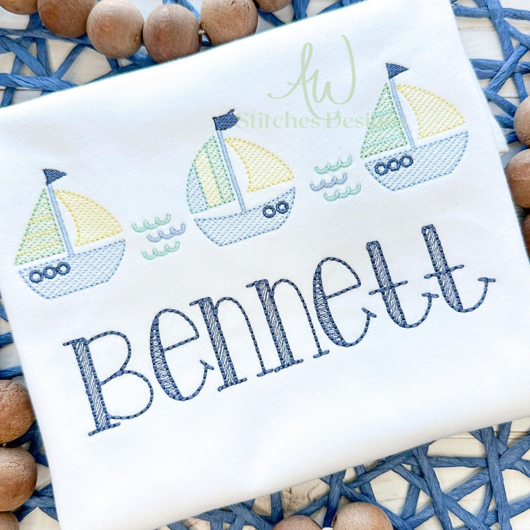 Sailboat trio sketch stitch light fill stitch machine embroidery design file
