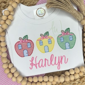 Apple school trio with bow back to school trio first day of school trio sketch stitch light fill stitch machine embroidery design