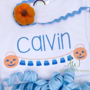 Halloween Jack-o&#39;-Lantern Jackolantern Pumpkin Candy Corn Spooky Fall Bunting Banner Satin Stitch Embroidery Design File