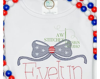 Patriotic Bow Embroidery Design – American Flag Stars and Stripes 4th of July Sketch Bean Stitch File