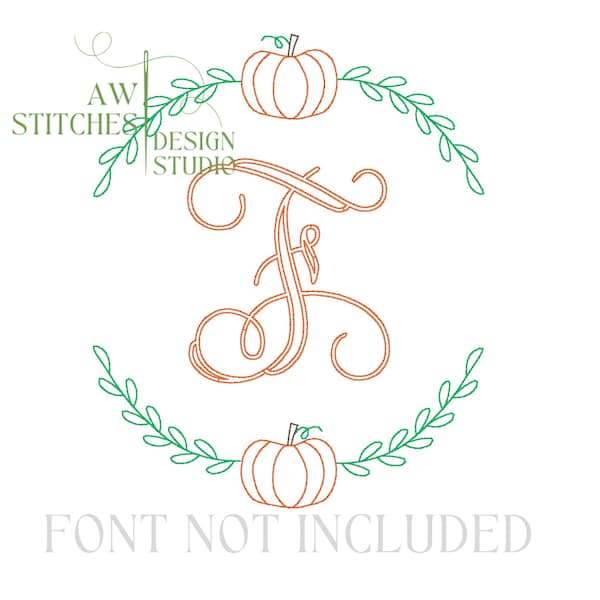 Pumpkin Autumn Fall Leaf Monogram Wreath Frame Vintage Style Bean Stitch Machine Embroidery Design
