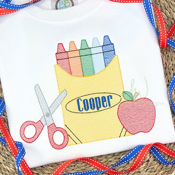 Crayon box back to school apple first day sketch stitch machine embroidery design file