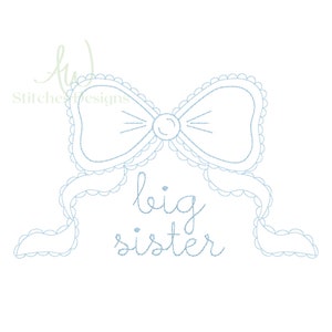 May include: A blue embroidered design of a bow with the text "big sister" underneath.