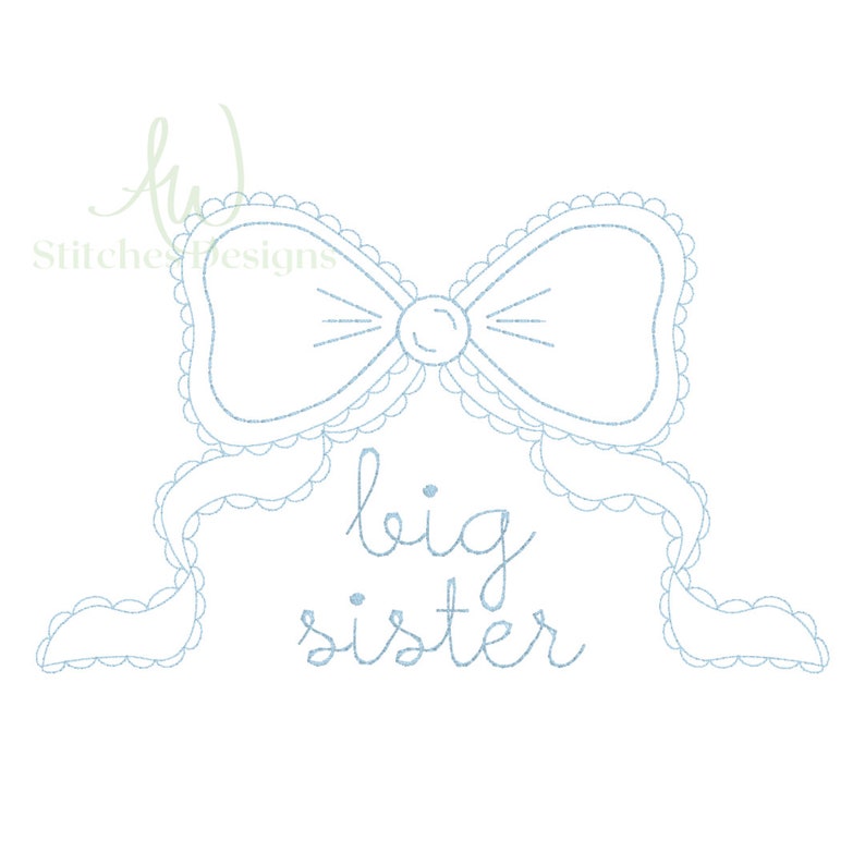 May include: A blue embroidered design of a bow with the text "big sister" underneath.