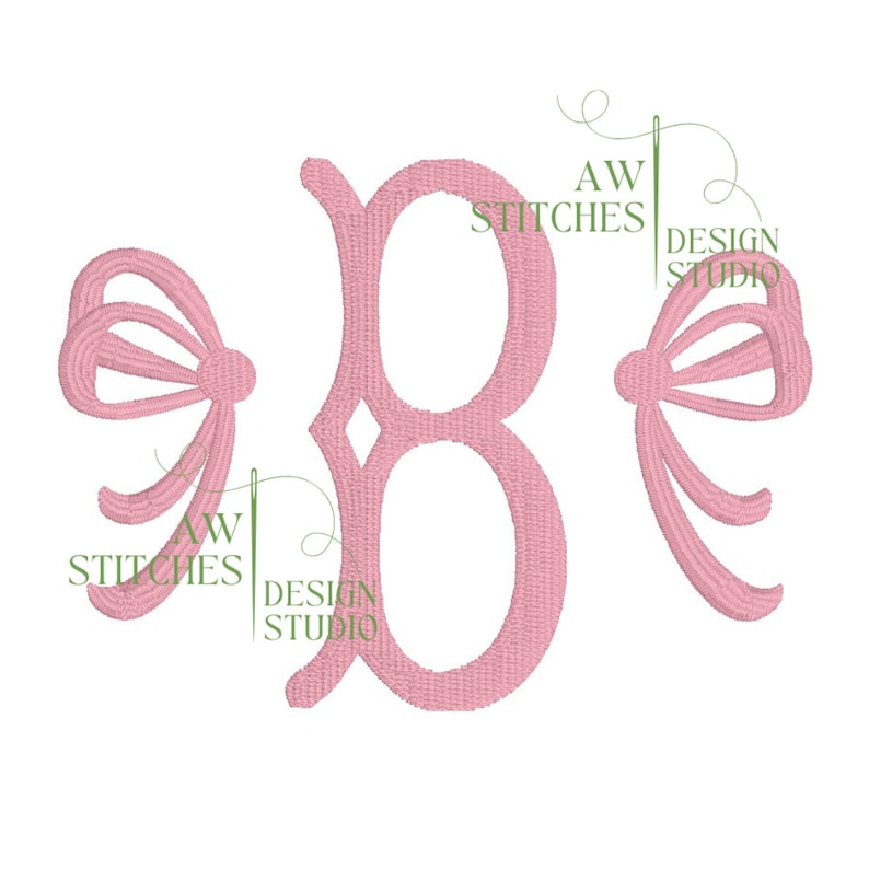 May include: Pink embroidered letter B with two pink bows on either side. The letter is in a script font. The bows are stylized and have a loop at the top.