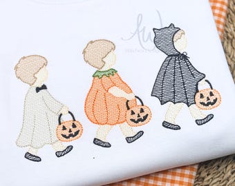 Halloween Boy Trio Embroidery Design, Trick or Treat Boy Trio Embroidery Design, Ghost Pumpkin Bat Sketch Stitch Machine Embroidery File