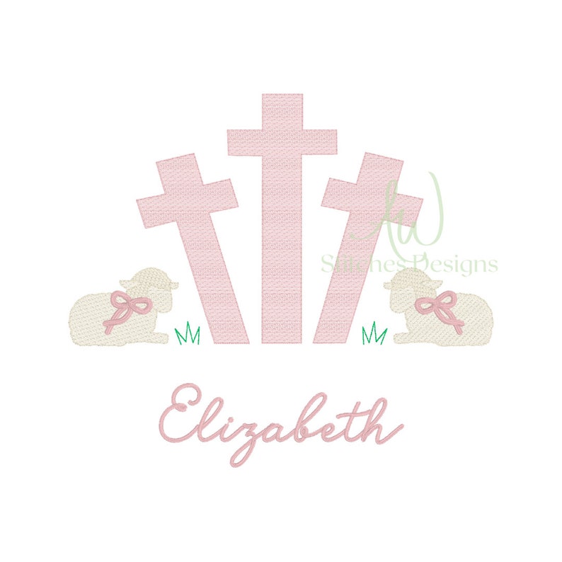 May include: An embroidered design featuring three pink crosses, two lambs with pink bows, green grass, and the name "Elizabeth" in pink script. The design is on a white background.