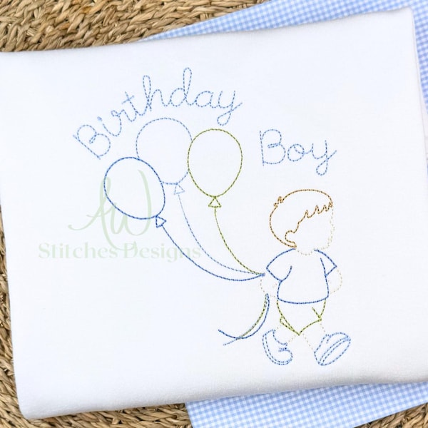 Birthday Boy Design for Machine Embroidery, Classic Boy with Birthday Balloons design vintage stitch embroidery design file