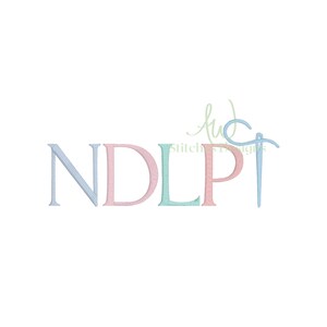 May include: A graphic design featuring the letters "NDLPT" in pastel colors: light blue, pink, and green. The letters have a stitched appearance. The words "Stitches Designs" are in a script font.